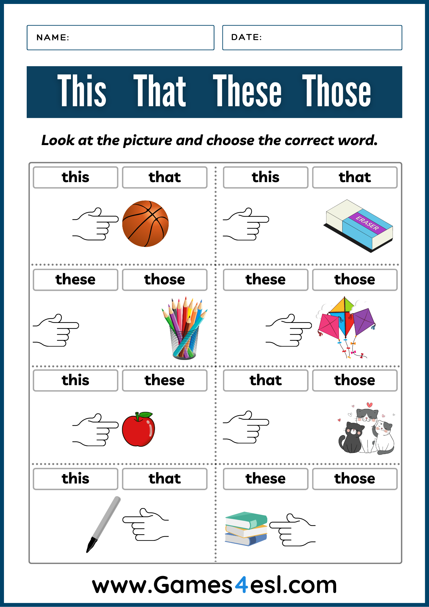 This That These Those Worksheets Printable Demonstrative Pronoun Exercises Games4esl